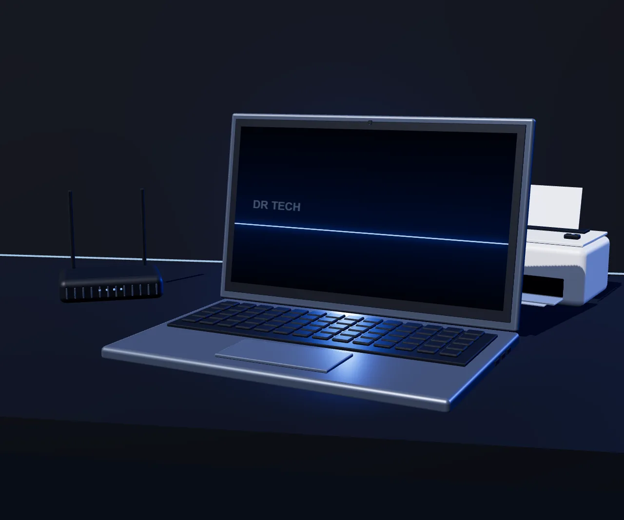 Illustrative studio render of a laptop, router and printer